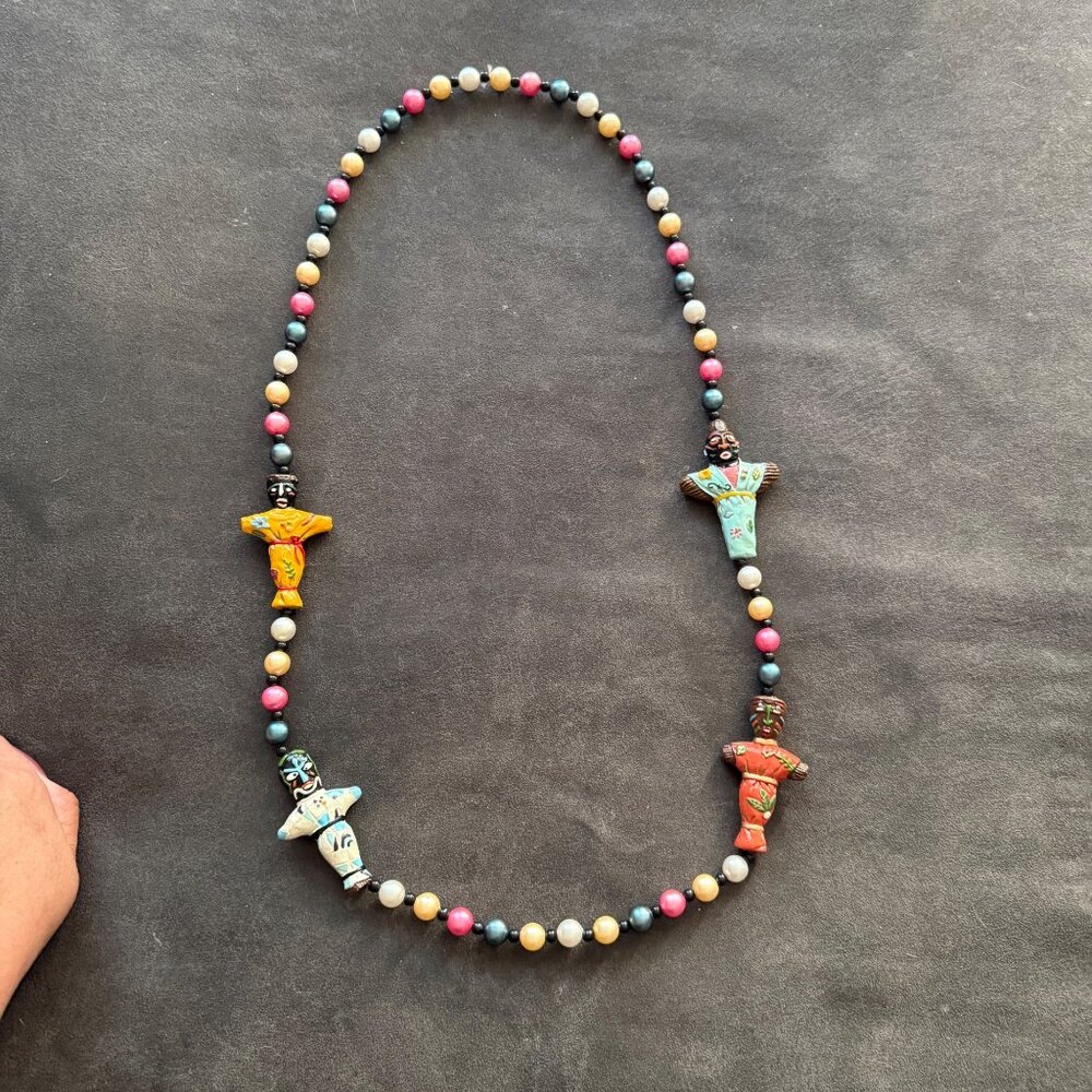 Unique Colorful Beaded Necklace With Ceramic Folk Art Figurine Pendants